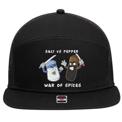 Pun Humor Salt Vs Pepper Deadly Weapon Cartoon Spices Salt Gift 7 Panel Mesh Trucker Snapback Hat