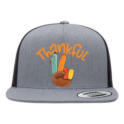 Peace Hand Sign Thankful Turkey Thanksgiving Flat Bill Trucker Hat