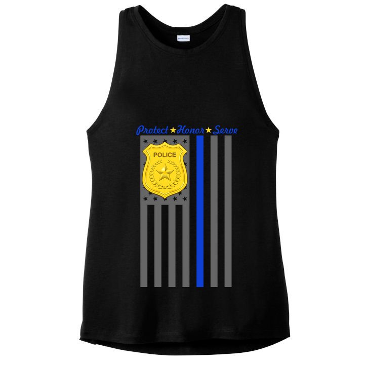 Protect Honor Serve Blue Striped Police Flag Ladies PosiCharge Tri-Blend Wicking Tank