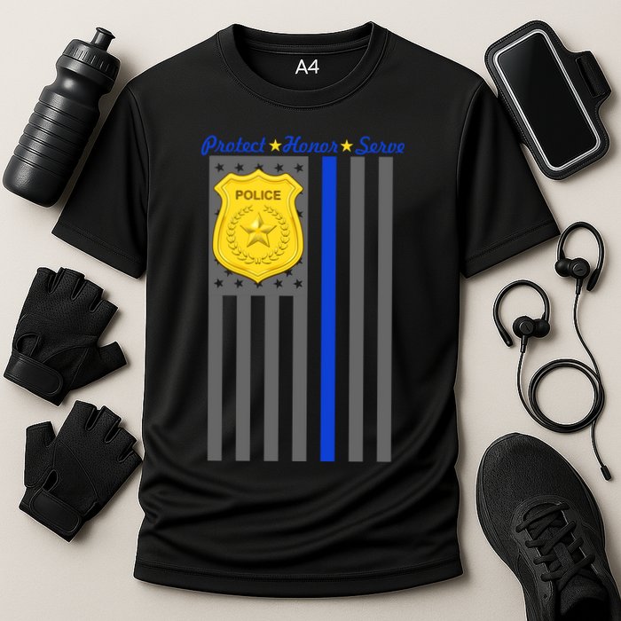 Protect Honor Serve Blue Striped Police Flag Cooling Performance Crew T-Shirt