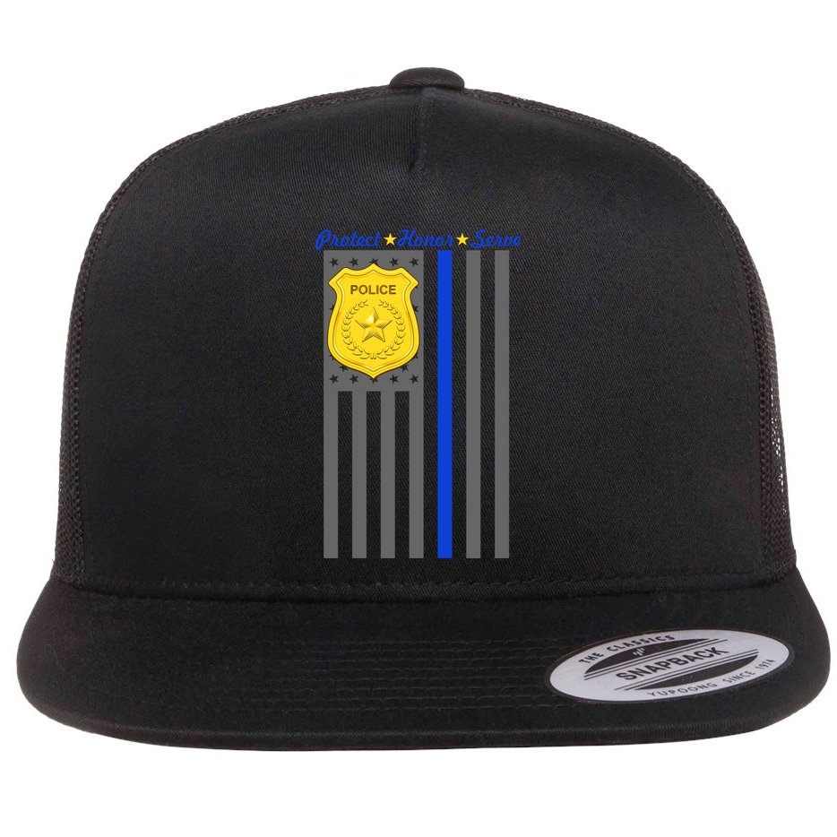 Protect Honor Serve Blue Striped Police Flag Flat Bill Trucker Hat