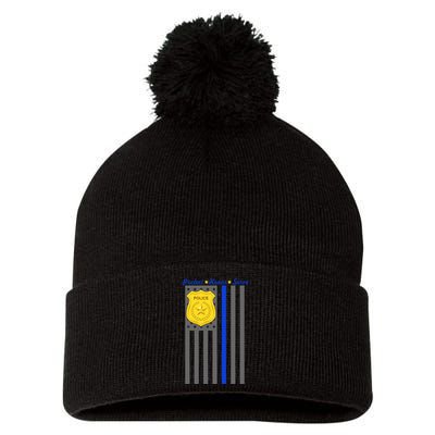 Protect Honor Serve Blue Striped Police Flag Pom Pom 12in Knit Beanie