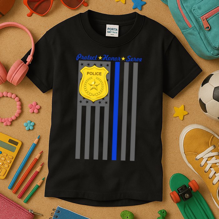 Protect Honor Serve Blue Striped Police Flag Kids T-Shirt