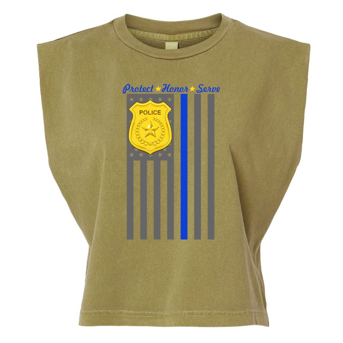 Protect Honor Serve Blue Striped Police Flag Garment-Dyed Women's Muscle Tee