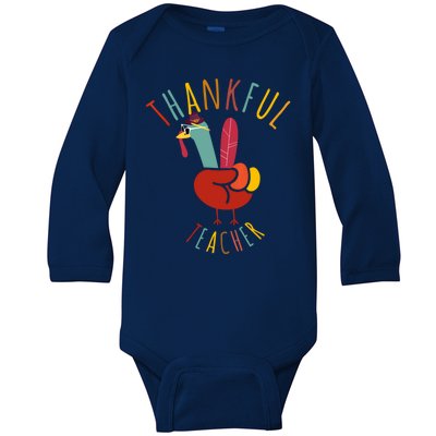 Peace Hand Sign Turkey Funny Thankful Teacher Thanksgiving Baby Long Sleeve Bodysuit