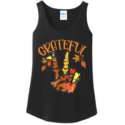 Peace Hand Sign Grateful Turkey Thanksgiving Ladies Essential Tank