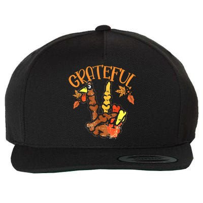 Peace Hand Sign Grateful Turkey Thanksgiving Wool Snapback Cap