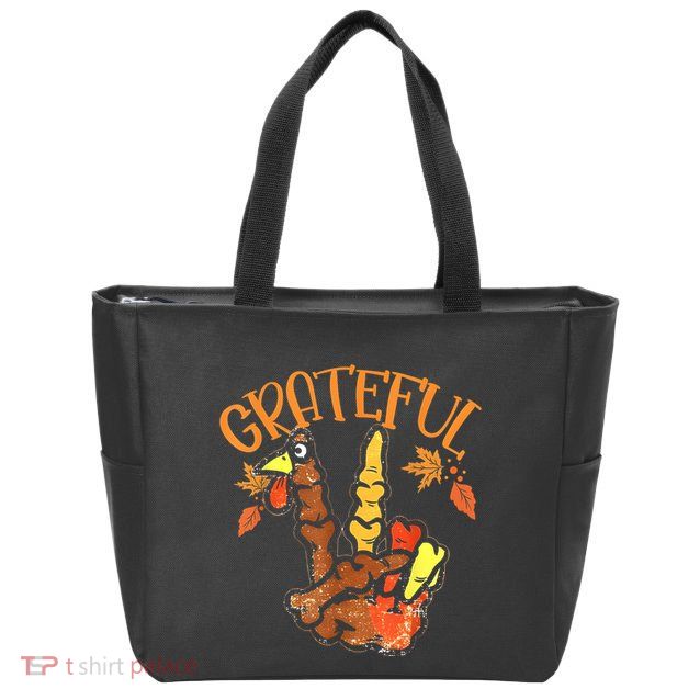 Peace Hand Sign Grateful Turkey Thanksgiving Zip Tote Bag