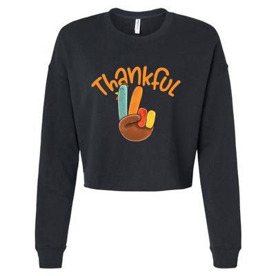 Peace Hand Sign Thankful Turkey Thanksgiving Cropped Pullover Crew