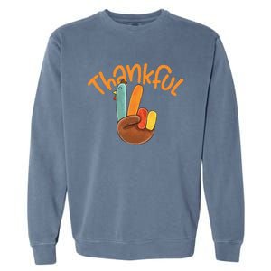 Peace Hand Sign Thankful Turkey Thanksgiving Garment-Dyed Sweatshirt