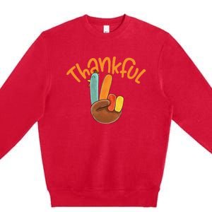 Peace Hand Sign Thankful Turkey Thanksgiving Premium Crewneck Sweatshirt