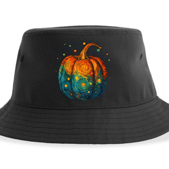 Pumpkin Halloween Starry Night Van Gogh Aesthetic Painting Sustainable Bucket Hat