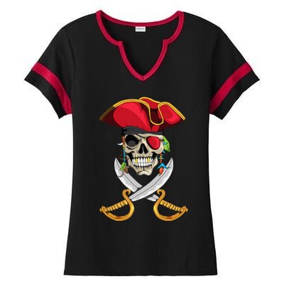 Pirate Head Skull With Pirate Hat Crossed Sword Ladies Halftime Notch Neck Tee