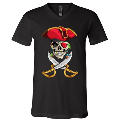 Pirate Head Skull With Pirate Hat Crossed Sword V-Neck T-Shirt