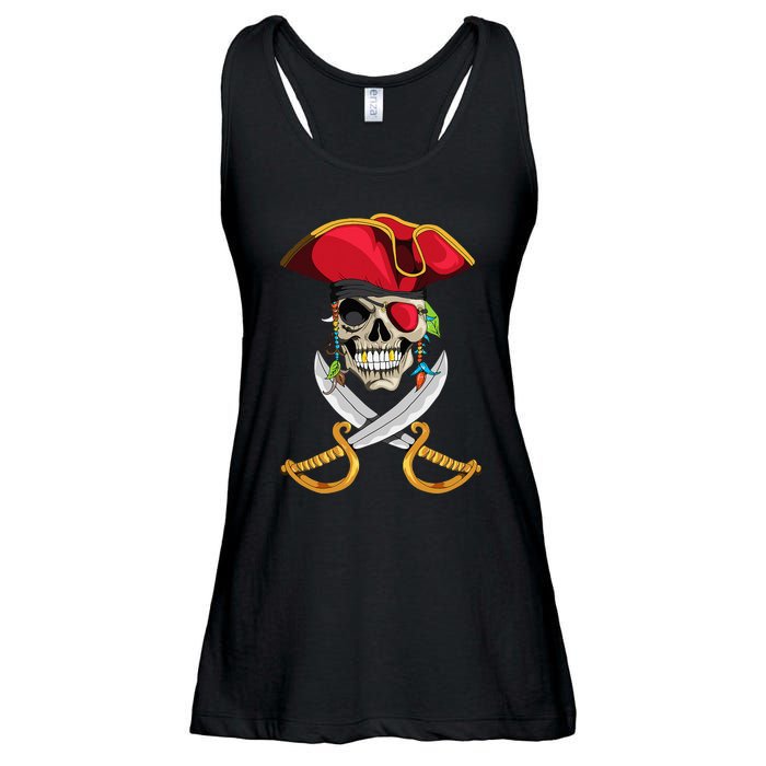 Pirate Head Skull With Pirate Hat Crossed Sword Ladies Essential Flowy Tank