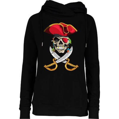 Pirate Head Skull With Pirate Hat Crossed Sword Womens Funnel Neck Pullover Hood