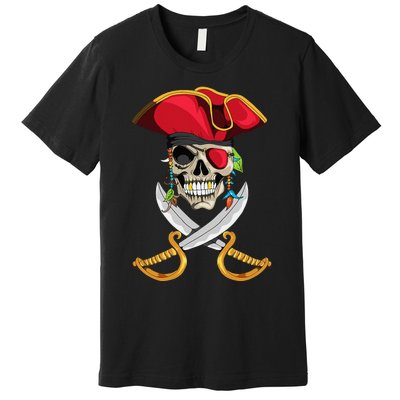 Pirate Head Skull With Pirate Hat Crossed Sword Premium T-Shirt