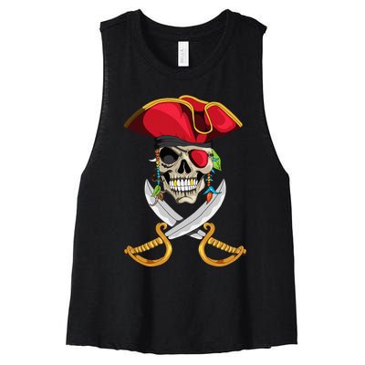 Pirate Head Skull With Pirate Hat Crossed Sword Women's Racerback Cropped Tank