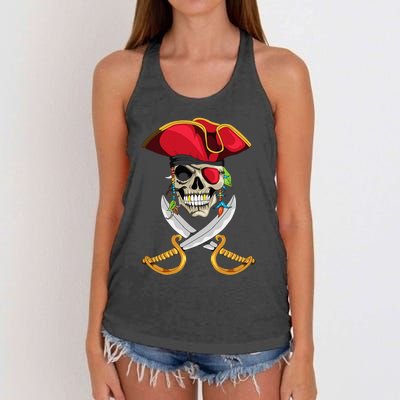 Pirate Head Skull With Pirate Hat Crossed Sword Women's Knotted Racerback Tank