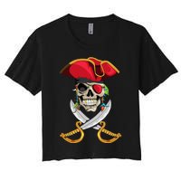 Pirate Head Skull With Pirate Hat Crossed Sword Women's Crop Top Tee