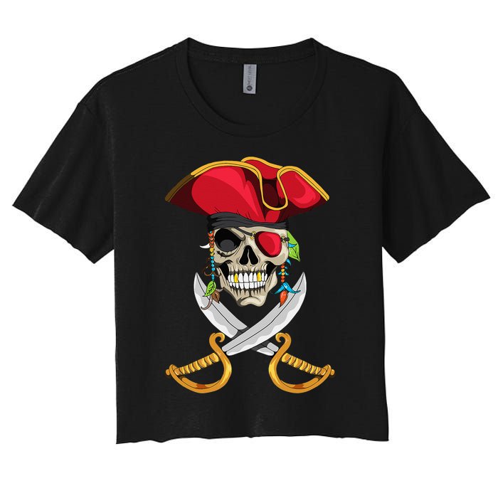 Pirate Head Skull With Pirate Hat Crossed Sword Women's Crop Top Tee