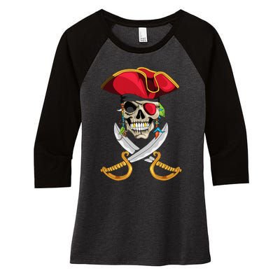 Pirate Head Skull With Pirate Hat Crossed Sword Women's Tri-Blend 3/4-Sleeve Raglan Shirt