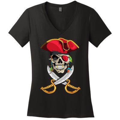 Pirate Head Skull With Pirate Hat Crossed Sword Women's V-Neck T-Shirt