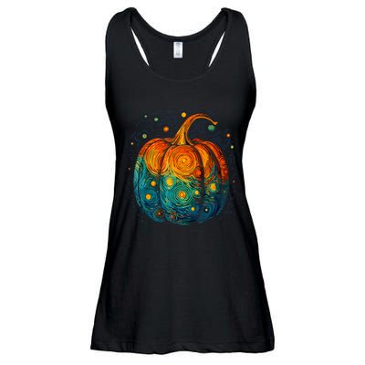 Pumpkin Halloween Starry Night Van Gogh Aesthetic Painting Ladies Essential Flowy Tank