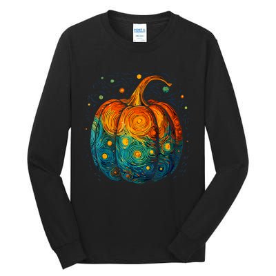 Pumpkin Halloween Starry Night Van Gogh Aesthetic Painting Tall Long Sleeve T-Shirt