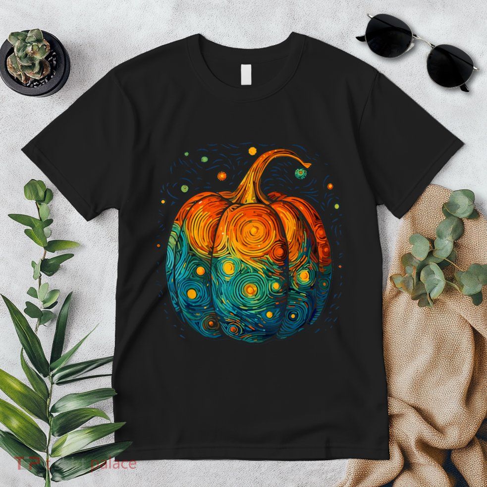 Pumpkin Halloween Starry Night Van Gogh Aesthetic Painting Premium T-Shirt