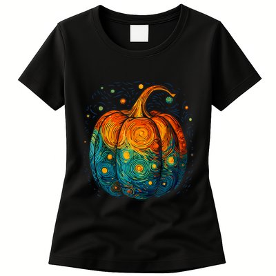 Pumpkin Halloween Starry Night Van Gogh Aesthetic Painting Womens T-Shirt