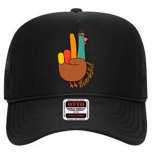 Peace Hand Sign Thankful Turkey Thanksgiving High Crown Mesh Back Trucker Hat