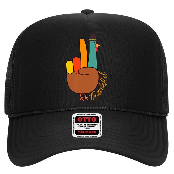 Peace Hand Sign Thankful Turkey Thanksgiving High Crown Mesh Back Trucker Hat