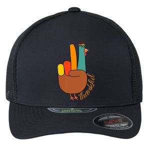 Peace Hand Sign Thankful Turkey Thanksgiving Flexfit Unipanel Trucker Cap