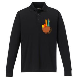 Peace Hand Sign Thankful Turkey Thanksgiving Performance Long Sleeve Polo