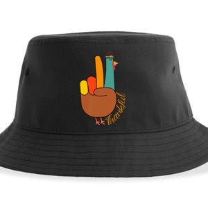 Peace Hand Sign Thankful Turkey Thanksgiving Sustainable Bucket Hat