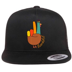 Peace Hand Sign Thankful Turkey Thanksgiving Flat Bill Trucker Hat