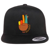 Peace Hand Sign Thankful Turkey Thanksgiving Flat Bill Trucker Hat