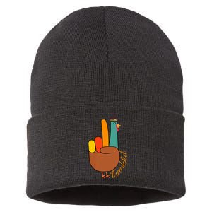 Peace Hand Sign Thankful Turkey Thanksgiving Sustainable Knit Beanie