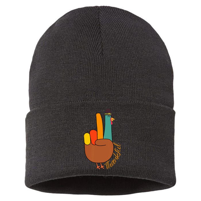 Peace Hand Sign Thankful Turkey Thanksgiving Sustainable Knit Beanie