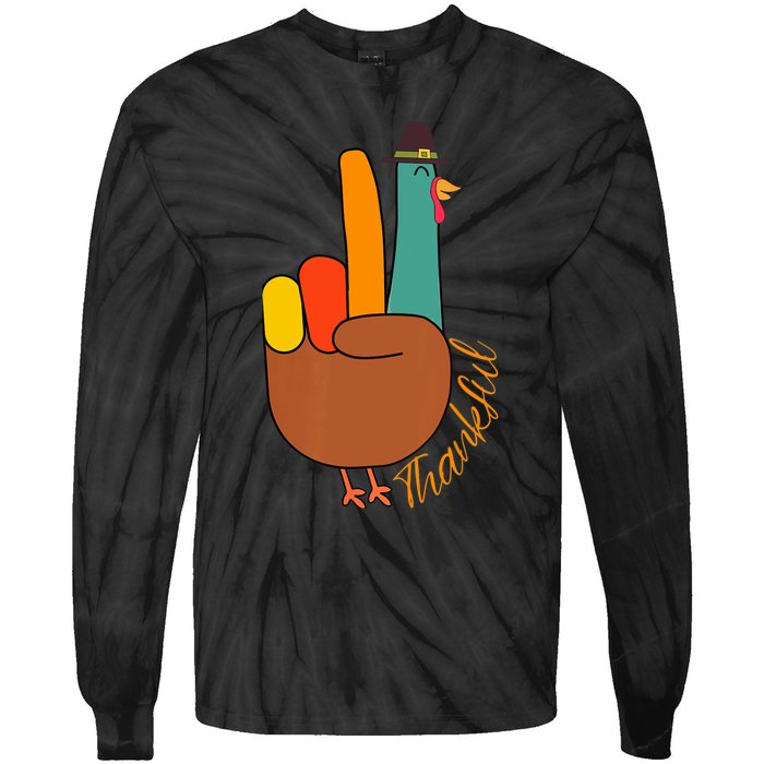 Peace Hand Sign Thankful Turkey Thanksgiving Tie-Dye Long Sleeve Shirt