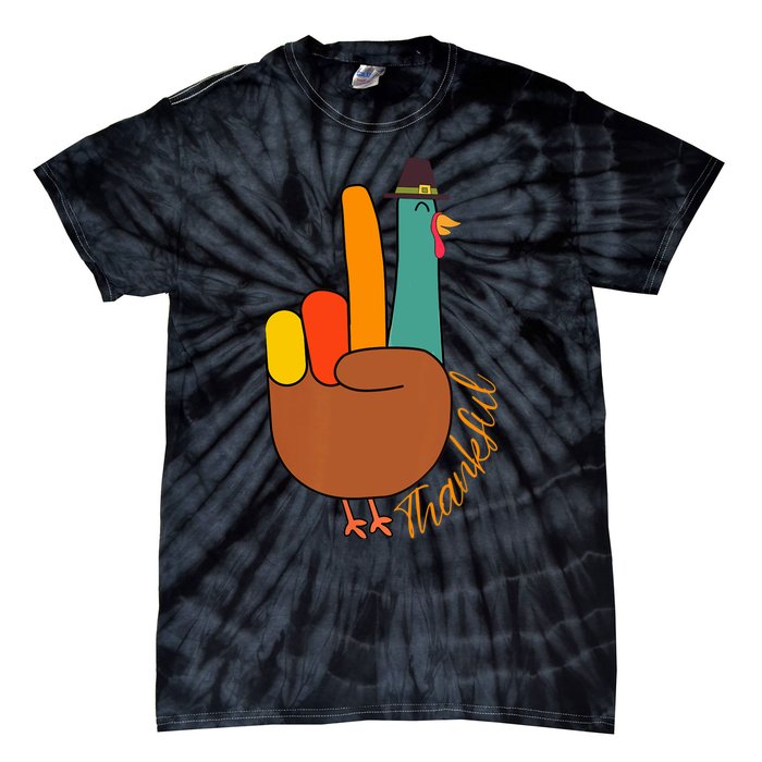 Peace Hand Sign Thankful Turkey Thanksgiving Tie-Dye T-Shirt