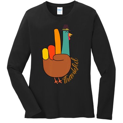 Peace Hand Sign Thankful Turkey Thanksgiving Ladies Long Sleeve Shirt