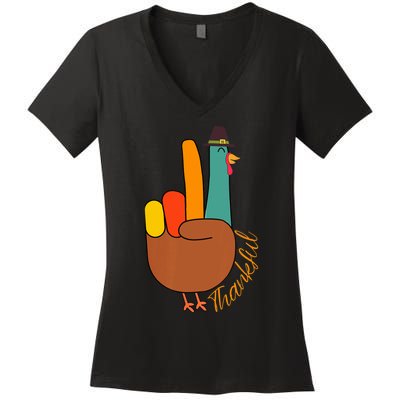 Peace Hand Sign Thankful Turkey Thanksgiving Women's V-Neck T-Shirt