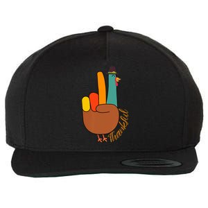 Peace Hand Sign Thankful Turkey Thanksgiving Wool Snapback Cap