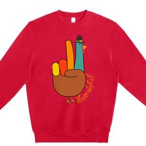 Peace Hand Sign Thankful Turkey Thanksgiving Premium Crewneck Sweatshirt