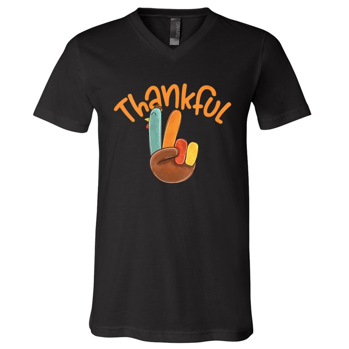 Peace Hand Sign Thankful Turkey Thanksgiving V-Neck T-Shirt