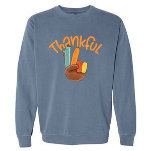 Peace Hand Sign Thankful Turkey Thanksgiving Garment-Dyed Sweatshirt