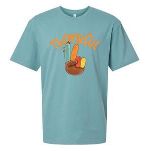 Peace Hand Sign Thankful Turkey Thanksgiving Sueded Cloud Jersey T-Shirt