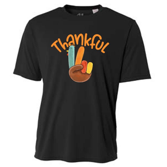 Peace Hand Sign Thankful Turkey Thanksgiving Cooling Performance Crew T-Shirt